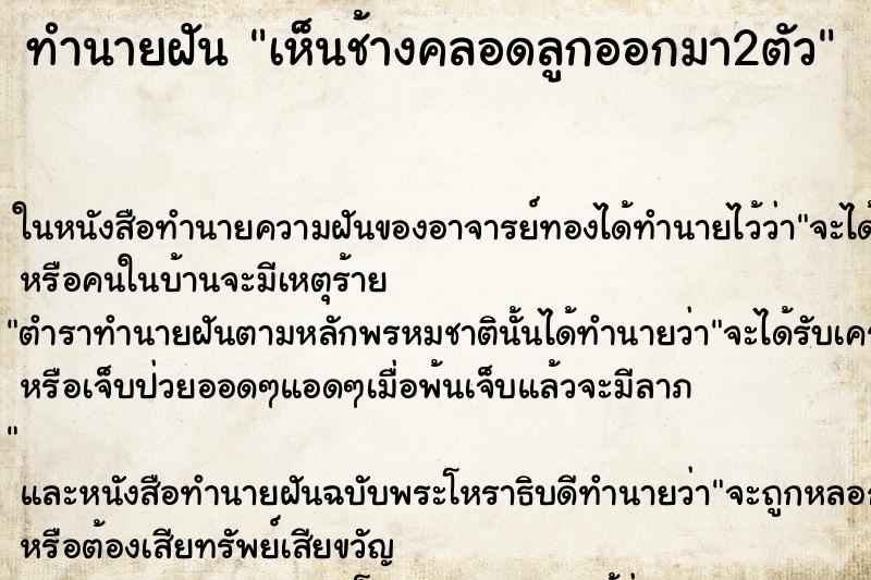 ทำนายฝัน เห็นช้างคลอดลูกออกมา2ตัว ทำนายฝัน เห็นช้างคลอดลูกออกมา2ตัว