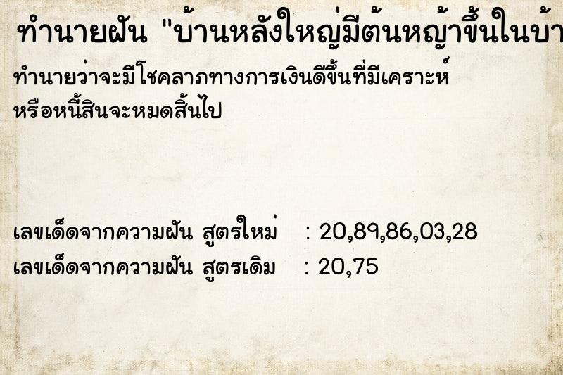 ทำนายฝันบ้านหลังใหญ่มีต้นหญ้าขึ้นในบ้าน ทำนายฝันทำนายฝันบ้านหลังใหญ่มีต้นหญ้าขึ้นในบ้าน