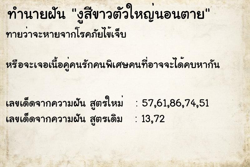 ทำนายฝันงูสีขาวตัวใหญ่นอนตาย ทำนายฝันทำนายฝันงูสีขาวตัวใหญ่นอนตาย