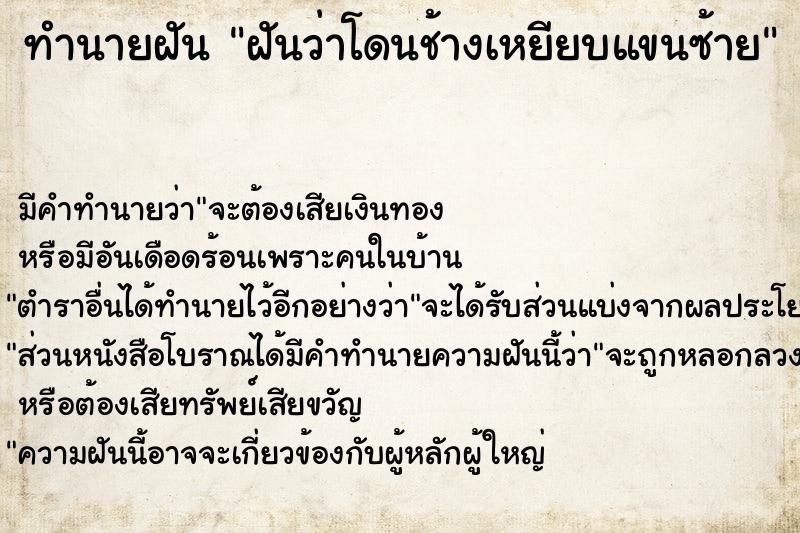 ทำนายฝันฝันว่าโดนช้างเหยียบแขนซ้าย ทำนายฝันทำนายฝันฝันว่าโดนช้างเหยียบแขนซ้าย