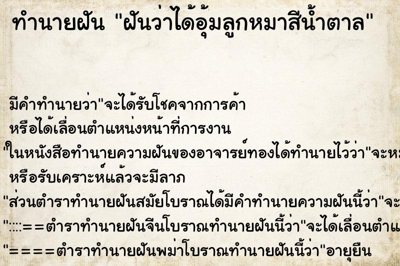 ทำนายฝัน ฝันว่าได้อุ้มลูกหมาสีน้ำตาล ทำนายฝัน ฝันว่าได้อุ้มลูกหมาสีน้ำตาล