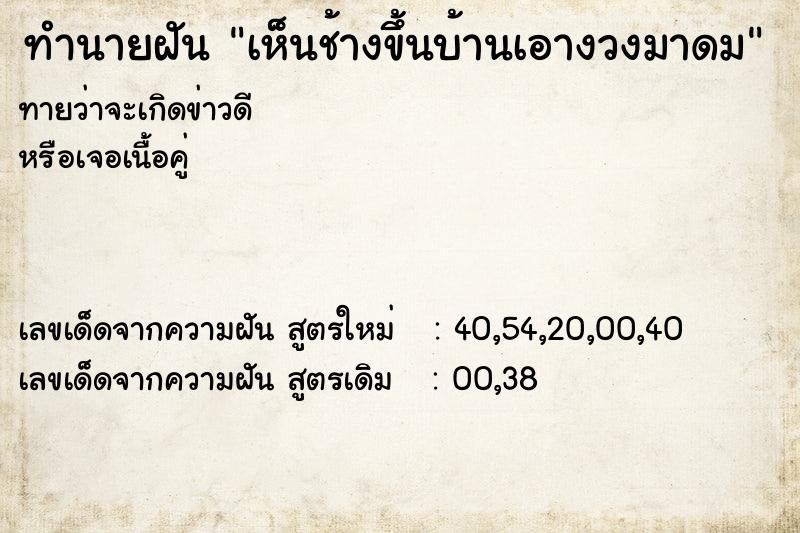 ทำนายฝันเห็นช้างขึ้นบ้านเอางวงมาดม ทำนายฝันทำนายฝันเห็นช้างขึ้นบ้านเอางวงมาดม