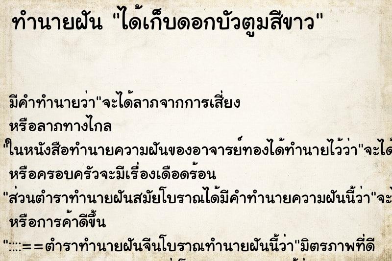 ทำนายฝัน ได้เก็บดอกบัวตูมสีขาว ตำราโบราณ แม่นที่สุดในโลก