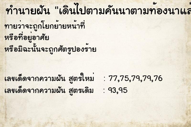 ทำนายฝันเดินไปตามคันนาตามท้องนาแล้วเดินกลับ ทำนายฝันทำนายฝันเดินไปตามคันนาตามท้องนาแล้วเดินกลับ
