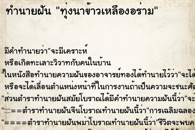 ทำนายฝันทุ่งนาข้าวเหลืองอร่าม ทำนายฝันทำนายฝันทุ่งนาข้าวเหลืองอร่าม