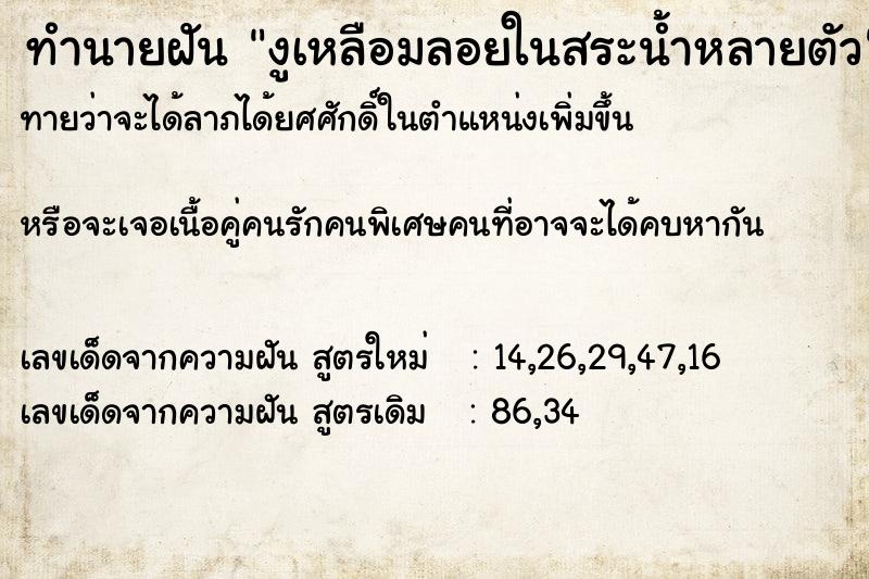 ทำนายฝันงูเหลือมลอยในสระน้ำหลายตัว ทำนายฝันทำนายฝันงูเหลือมลอยในสระน้ำหลายตัว