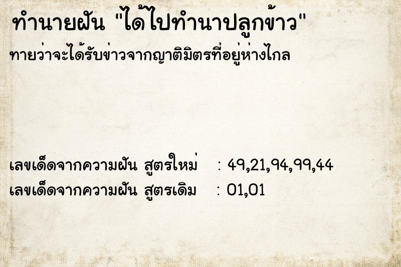 ทำนายฝัน ได้ไปทำนาปลูกข้าว ตำราโบราณ แม่นที่สุดในโลก