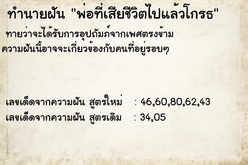 ทำนายฝันพ่อที่เสียชีวิตไปแล้วโกรธ ทำนายฝันทำนายฝันพ่อที่เสียชีวิตไปแล้วโกรธ