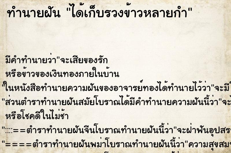 ทำนายฝันได้เก็บรวงข้าวหลายกำ ทำนายฝันทำนายฝันได้เก็บรวงข้าวหลายกำ