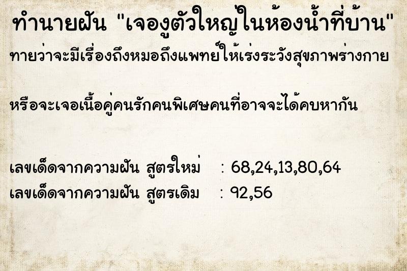 ทำนายฝันเจองูตัวใหญ่ในห้องน้ำที่บ้าน ทำนายฝันทำนายฝันเจองูตัวใหญ่ในห้องน้ำที่บ้าน