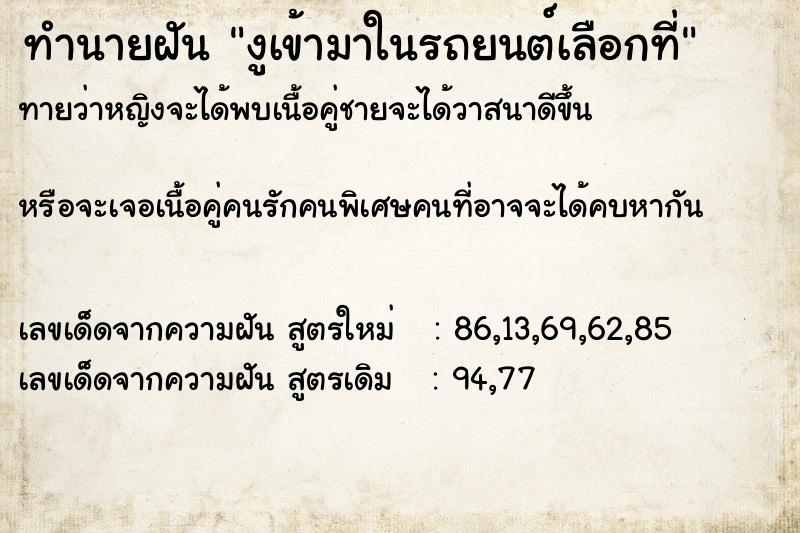 ทำนายฝันงูเข้ามาในรถยนต์เลือกที่ ทำนายฝันทำนายฝันงูเข้ามาในรถยนต์เลือกที่