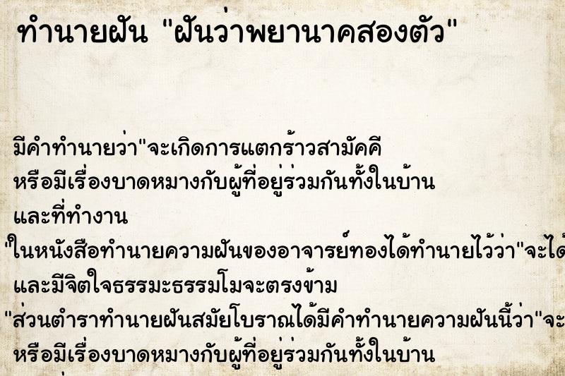 ทำนายฝัน ฝันว่าพยานาคสองตัว ทำนายฝัน ฝันว่าพยานาคสองตัว