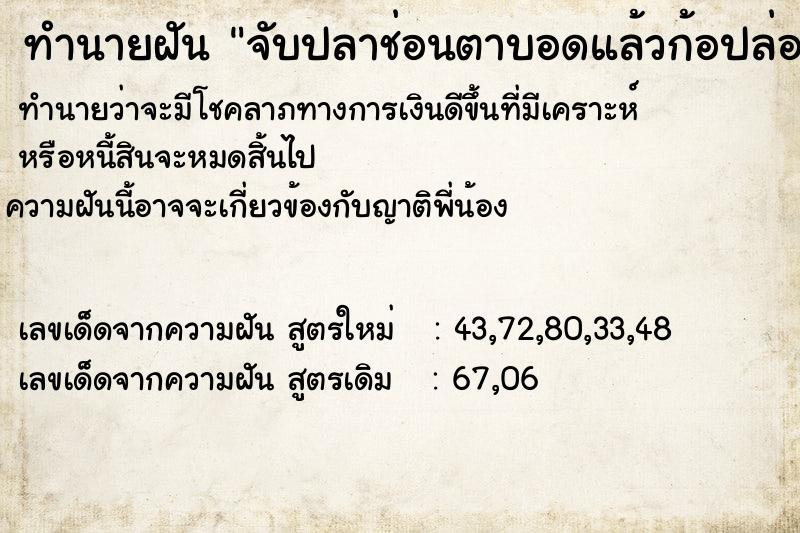 ทำนายฝันจับปลาช่อนตาบอดแล้วก้อปล่อยไป ทำนายฝันทำนายฝันจับปลาช่อนตาบอดแล้วก้อปล่อยไป