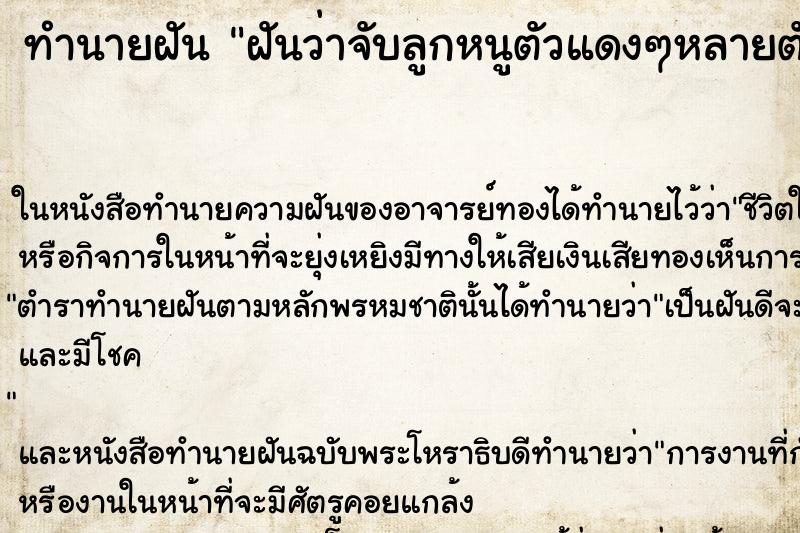 ทำนายฝันฝันว่าจับลูกหนูตัวแดงๆหลายตัว ทำนายฝันทำนายฝันฝันว่าจับลูกหนูตัวแดงๆหลายตัว