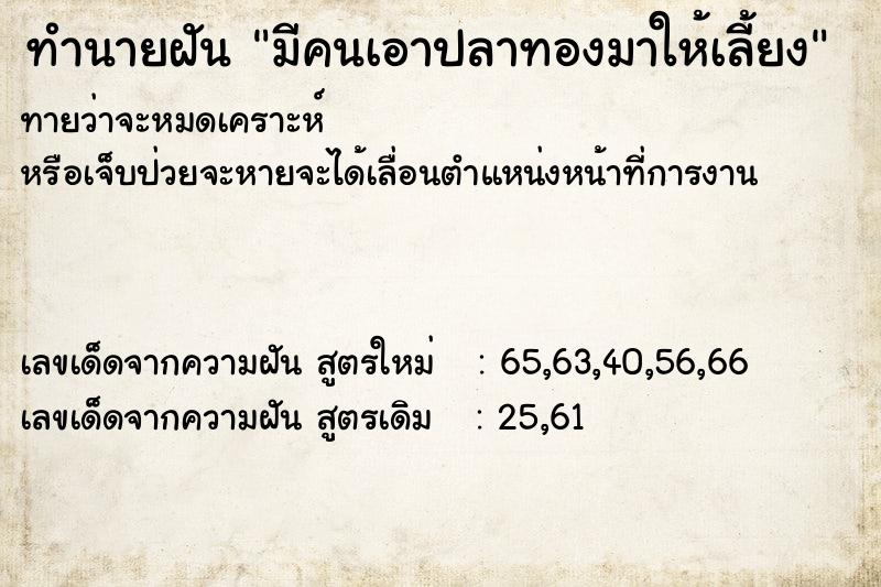 ทำนายฝัน มีคนเอาปลาทองมาให้เลี้ยง