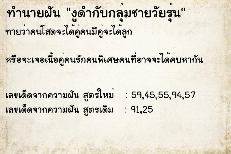 ทำนายฝันงูดำกับกลุ่มชายวัยรุ่น ทำนายฝันทำนายฝันงูดำกับกลุ่มชายวัยรุ่น
