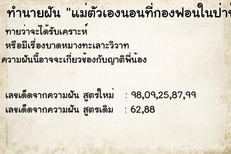 ทำนายฝันแม่ตัวเองนอนที่กองฟอนในป่าช้า ทำนายฝันทำนายฝันแม่ตัวเองนอนที่กองฟอนในป่าช้า