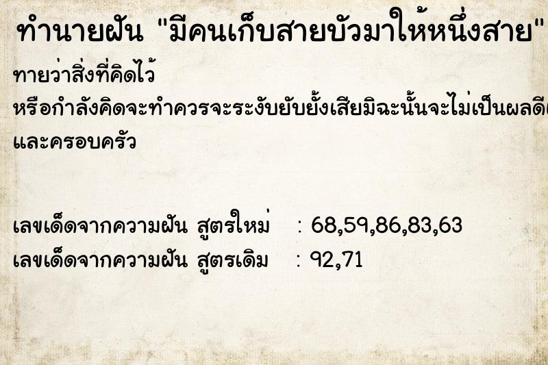 ทำนายฝันทำนายฝันมีคนเก็บสายบัวมาให้หนึ่งสาย
