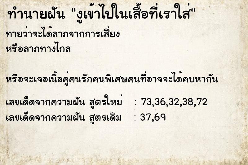 ทำนายฝันงูเข้าไปในเสื้อที่เราใส่ ทำนายฝันทำนายฝันงูเข้าไปในเสื้อที่เราใส่