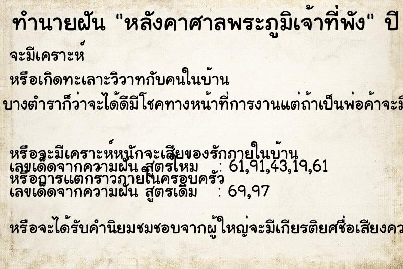 ทำนายฝันทำนายฝันหลังคาศาลพระภูมิเจ้าที่พัง