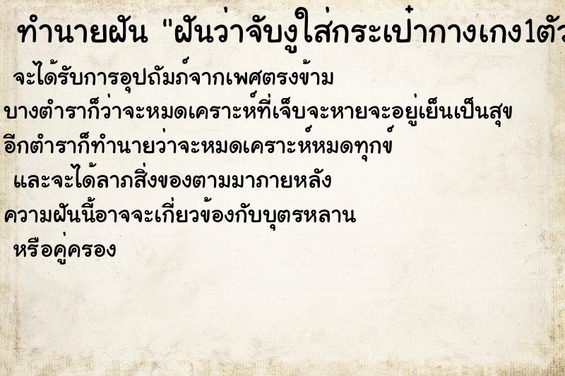 ทำนายฝันทำนายฝันฝันว่าจับงูใส่กระเป๋ากางเกง1ตัว