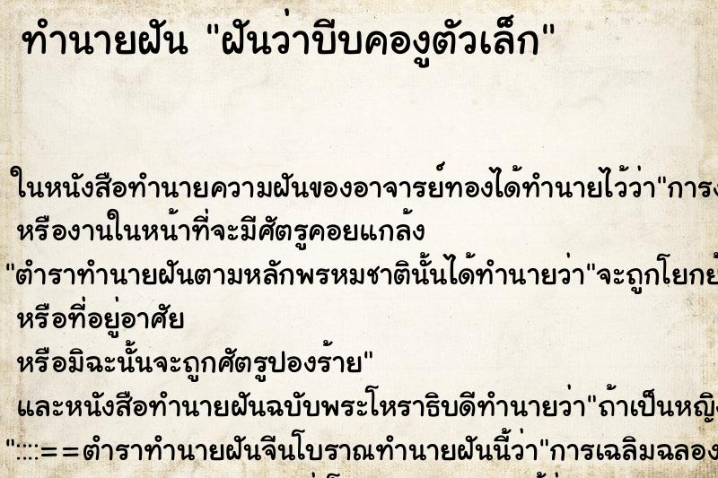 ทำนายฝัน ฝันว่าบีบคองูตัวเล็ก ทำนายฝัน ฝันว่าบีบคองูตัวเล็ก