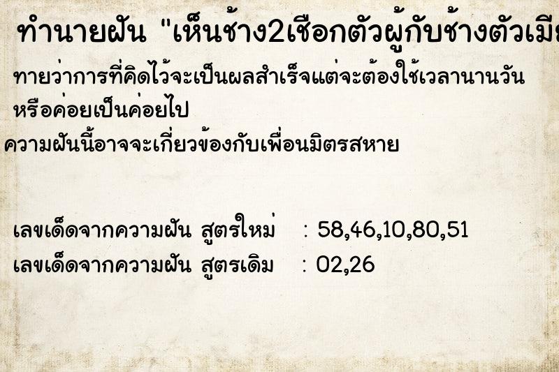 ทำนายฝันเห็นช้าง2เชือกตัวผู้กับช้างตัวเมียผสมพันธุ์กัน ทำนายฝันทำนายฝันเห็นช้าง2เชือกตัวผู้กับช้างตัวเมียผสมพันธุ์กัน