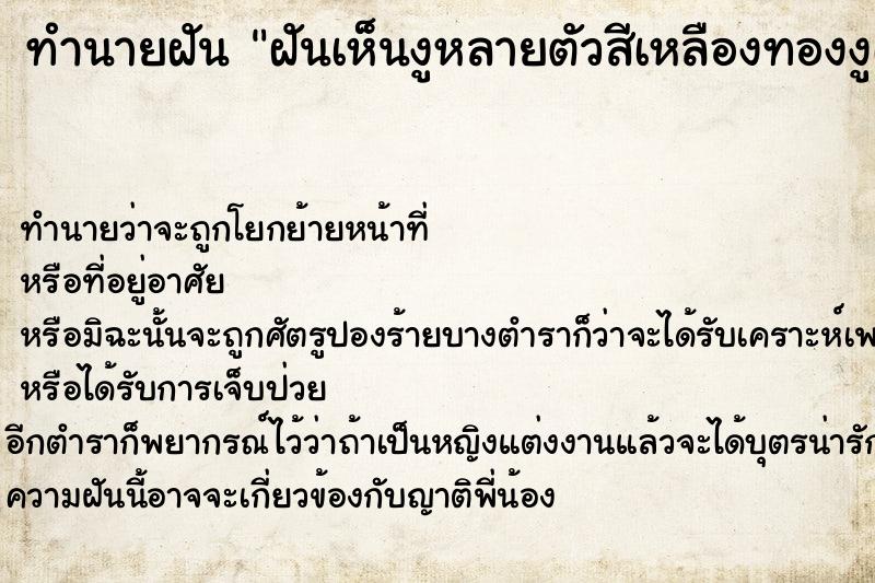 ทำนายฝันทำนายฝันฝันเห็นงูหลายตัวสีเหลืองทองงูเผือกสีชมพูงูเห่า