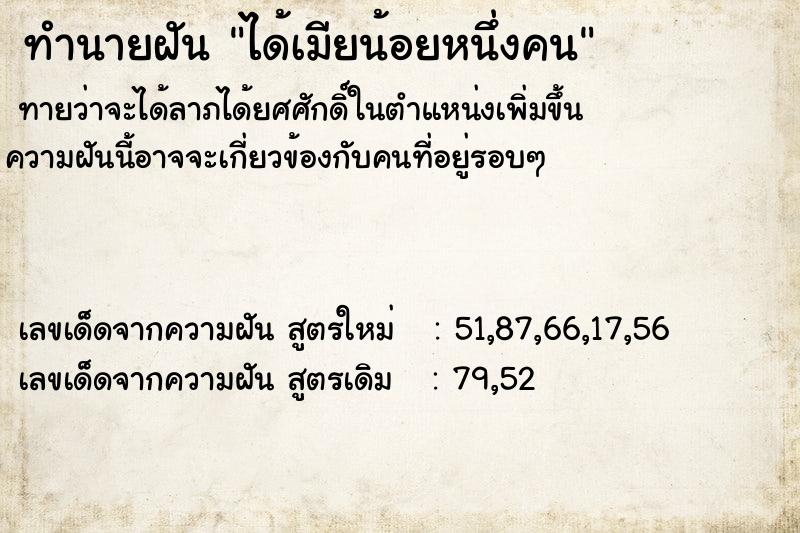 ทำนายฝันได้เมียน้อยหนึ่งคน ทำนายฝันทำนายฝันได้เมียน้อยหนึ่งคน