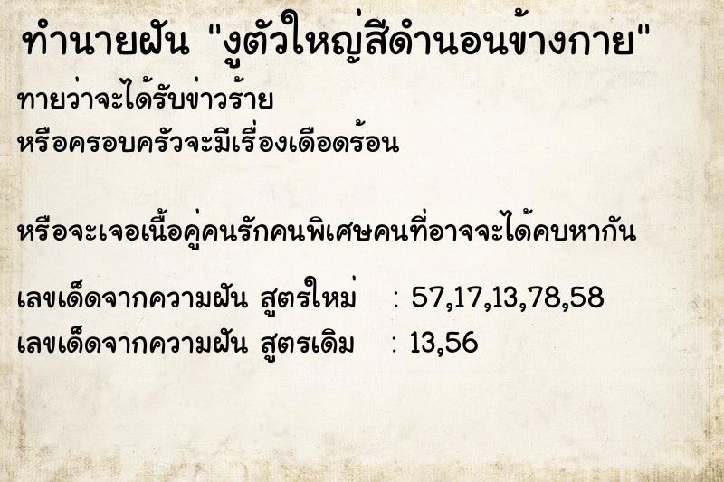 ทำนายฝันงูตัวใหญ่สีดำนอนข้างกาย ทำนายฝันทำนายฝันงูตัวใหญ่สีดำนอนข้างกาย