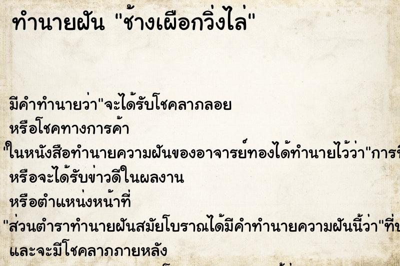 ทำนายฝันช้างเผือกวิ่งไล่ ทำนายฝันทำนายฝันช้างเผือกวิ่งไล่