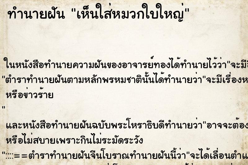 ทำนายฝันทำนายฝันเห็นใส่หมวกใบใหญ่