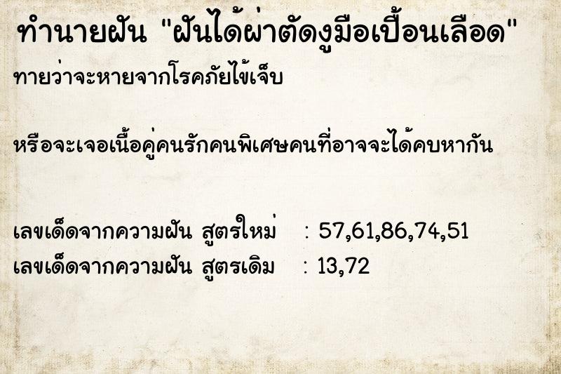 ทำนายฝันฝันได้ผ่าตัดงูมือเปื้อนเลือด ทำนายฝันทำนายฝันฝันได้ผ่าตัดงูมือเปื้อนเลือด