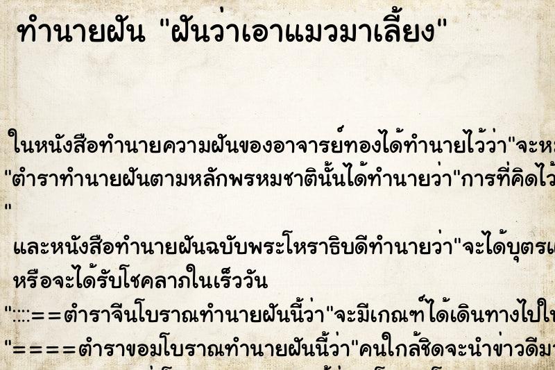 ทำนายฝันฝันว่าเอาแมวมาเลี้ยง ทำนายฝันทำนายฝันฝันว่าเอาแมวมาเลี้ยง