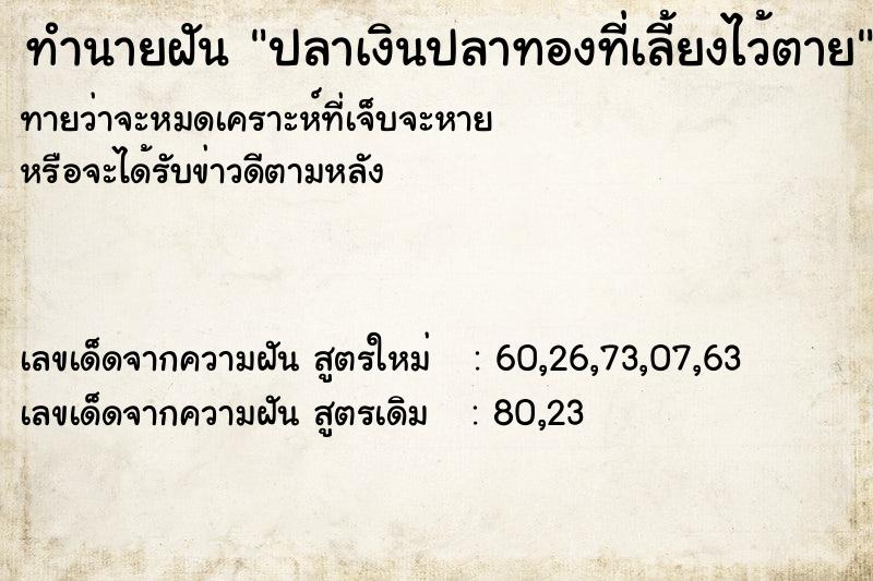 ทำนายฝัน ปลาเงินปลาทองที่เลี้ยงไว้ตาย