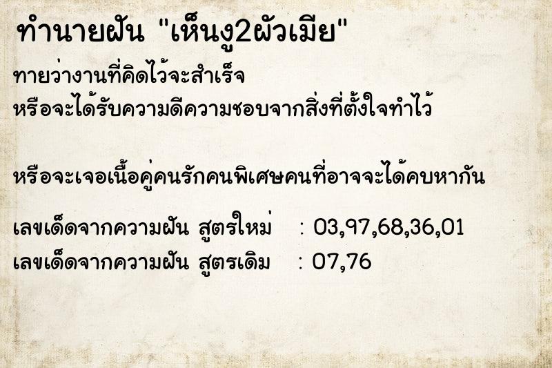 ทำนายฝันทำนายฝันเห็นงู2ผัวเมีย