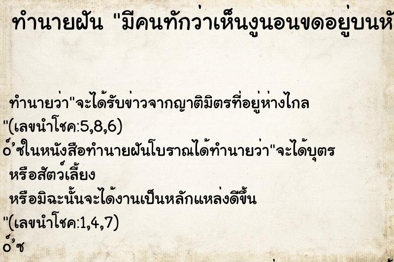 ทำนายฝันมีคนทักว่าเห็นงูนอนขดอยู่บนหัว ทำนายฝันทำนายฝันมีคนทักว่าเห็นงูนอนขดอยู่บนหัว
