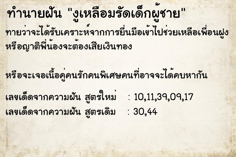 ทำนายฝันงูเหลือมรัดเด็กผู้ชาย ทำนายฝันทำนายฝันงูเหลือมรัดเด็กผู้ชาย