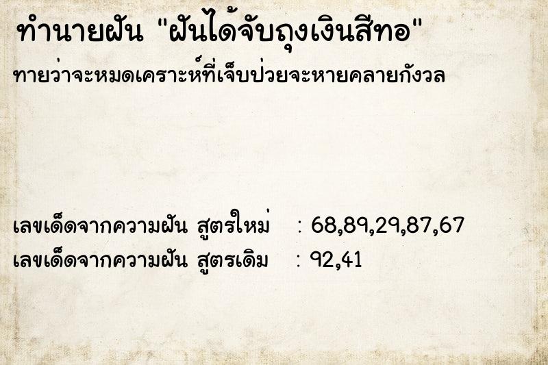 ทำนายฝันฝันได้จับถุงเงินสีทอ ทำนายฝันทำนายฝันฝันได้จับถุงเงินสีทอ