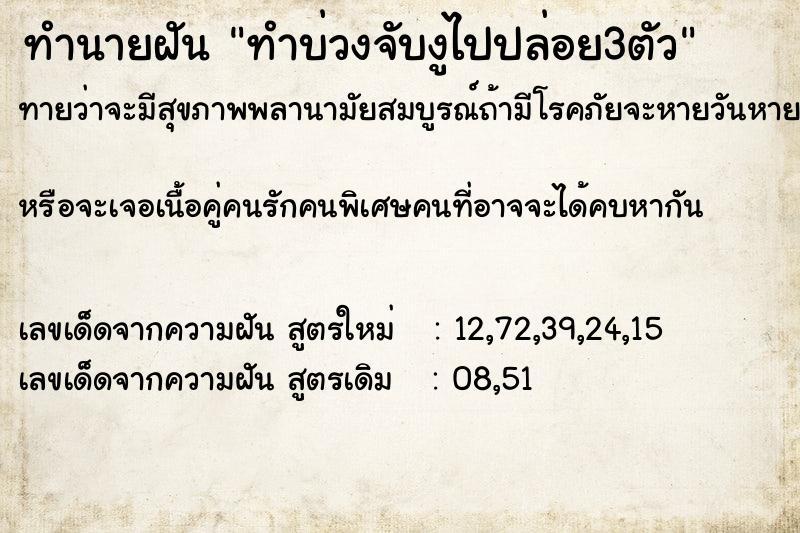 ทำนายฝัน ทำบ่วงจับงูไปปล่อย3ตัว ทำนายฝัน ทำบ่วงจับงูไปปล่อย3ตัว