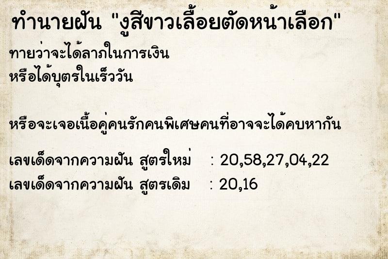 ทำนายฝันงูสีขาวเลื้อยตัดหน้าเลือก ทำนายฝันทำนายฝันงูสีขาวเลื้อยตัดหน้าเลือก