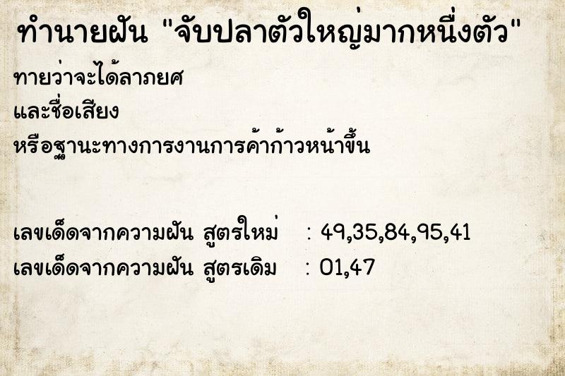 ทำนายฝันจับปลาตัวใหญ่มากหนื่งตัว ทำนายฝันทำนายฝันจับปลาตัวใหญ่มากหนื่งตัว