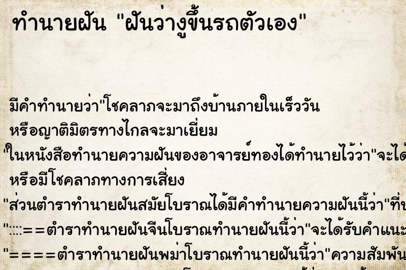 ทำนายฝันฝันว่างูขึ้นรถตัวเอง ทำนายฝันทำนายฝันฝันว่างูขึ้นรถตัวเอง