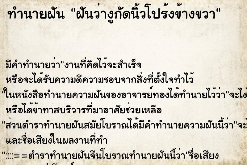 ทำนายฝันฝันว่างูกัดนิ้วโปร้งข้างขวา ทำนายฝันทำนายฝันฝันว่างูกัดนิ้วโปร้งข้างขวา