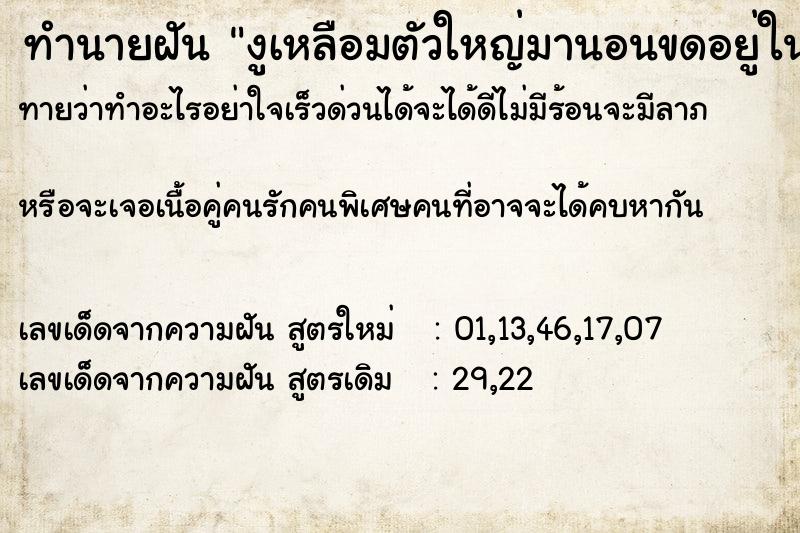 ทำนายฝันทำนายฝันงูเหลือมตัวใหญ่มานอนขดอยู่ในบ้าน