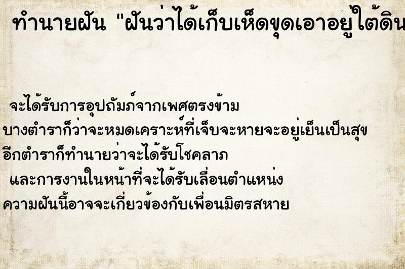 ทำนายฝันฝันว่าได้เก็บเห็ดขุดเอาอยู่ใต้ดิน ทำนายฝันทำนายฝันฝันว่าได้เก็บเห็ดขุดเอาอยู่ใต้ดิน