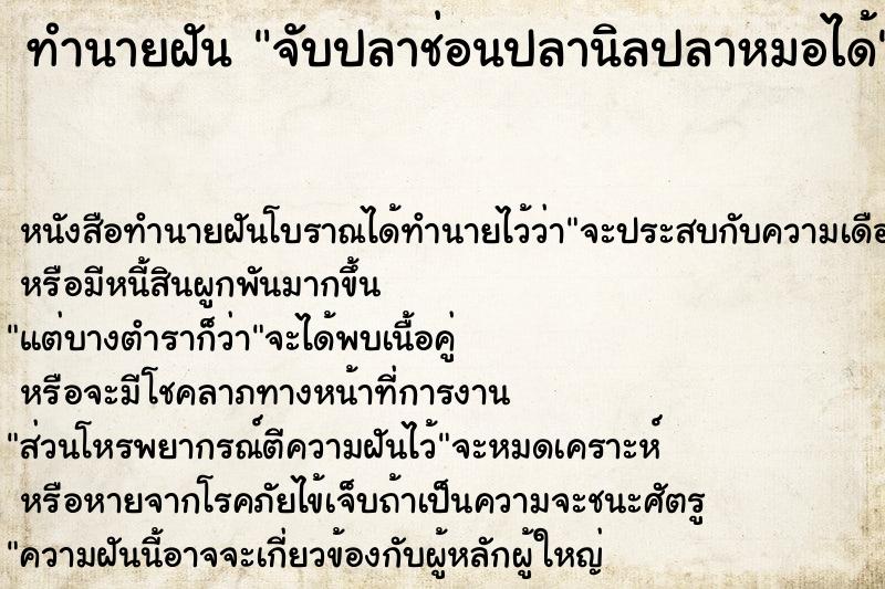 ทำนายฝันจับปลาช่อนปลานิลปลาหมอได้ ทำนายฝันทำนายฝันจับปลาช่อนปลานิลปลาหมอได้