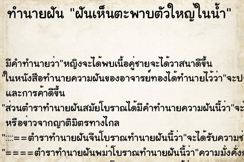 ทำนายฝัน ฝันเห็นตะพาบตัวใหญ่ในน้ำ ตำราโบราณ แม่นที่สุดในโลก