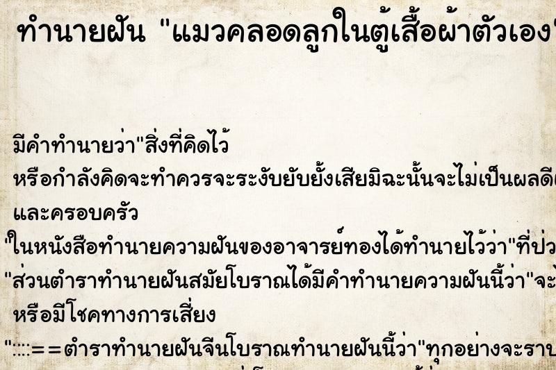 ทำนายฝัน แมวคลอดลูกในตู้เสื้อผ้าตัวเอง ทำนายฝัน แมวคลอดลูกในตู้เสื้อผ้าตัวเอง
