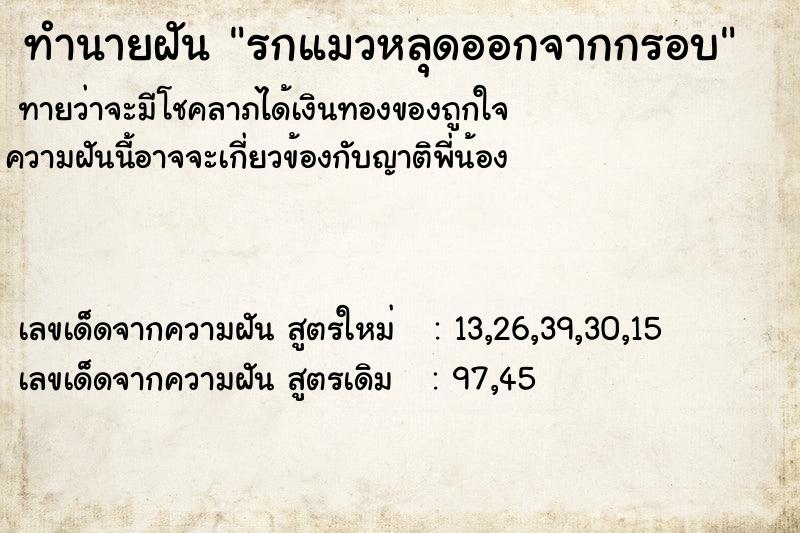 ทำนายฝันรกแมวหลุดออกจากกรอบ ทำนายฝันทำนายฝันรกแมวหลุดออกจากกรอบ